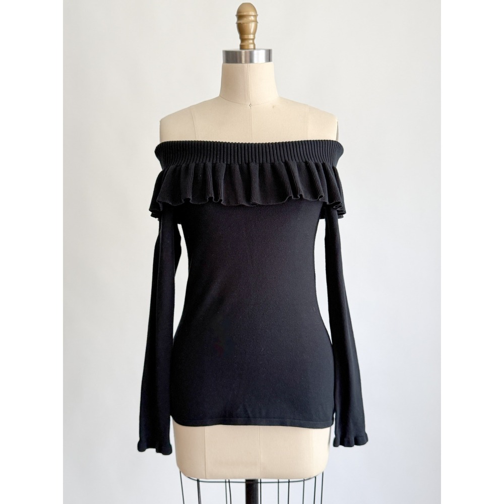 Lilly Pulitzer Ruffle Bardot Off The Shoulder Sweater XS Black Ribbed Knit Top